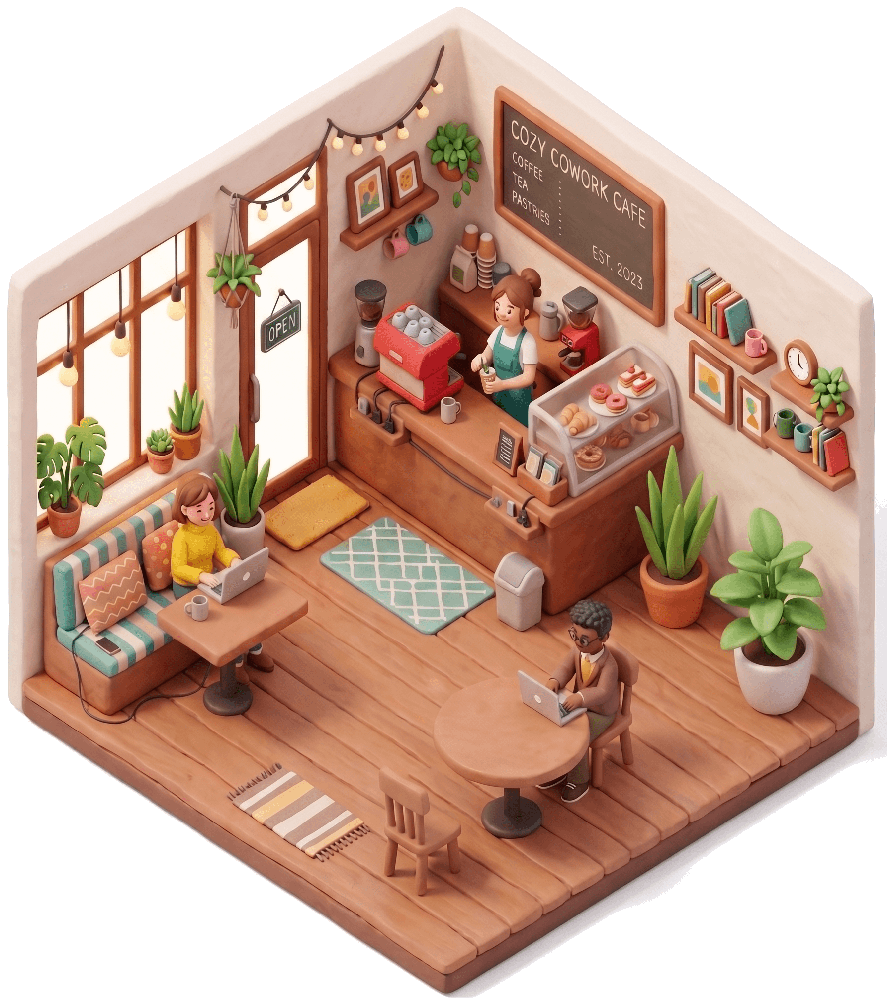 Isometric illustration of a cozy coworking coffee shop