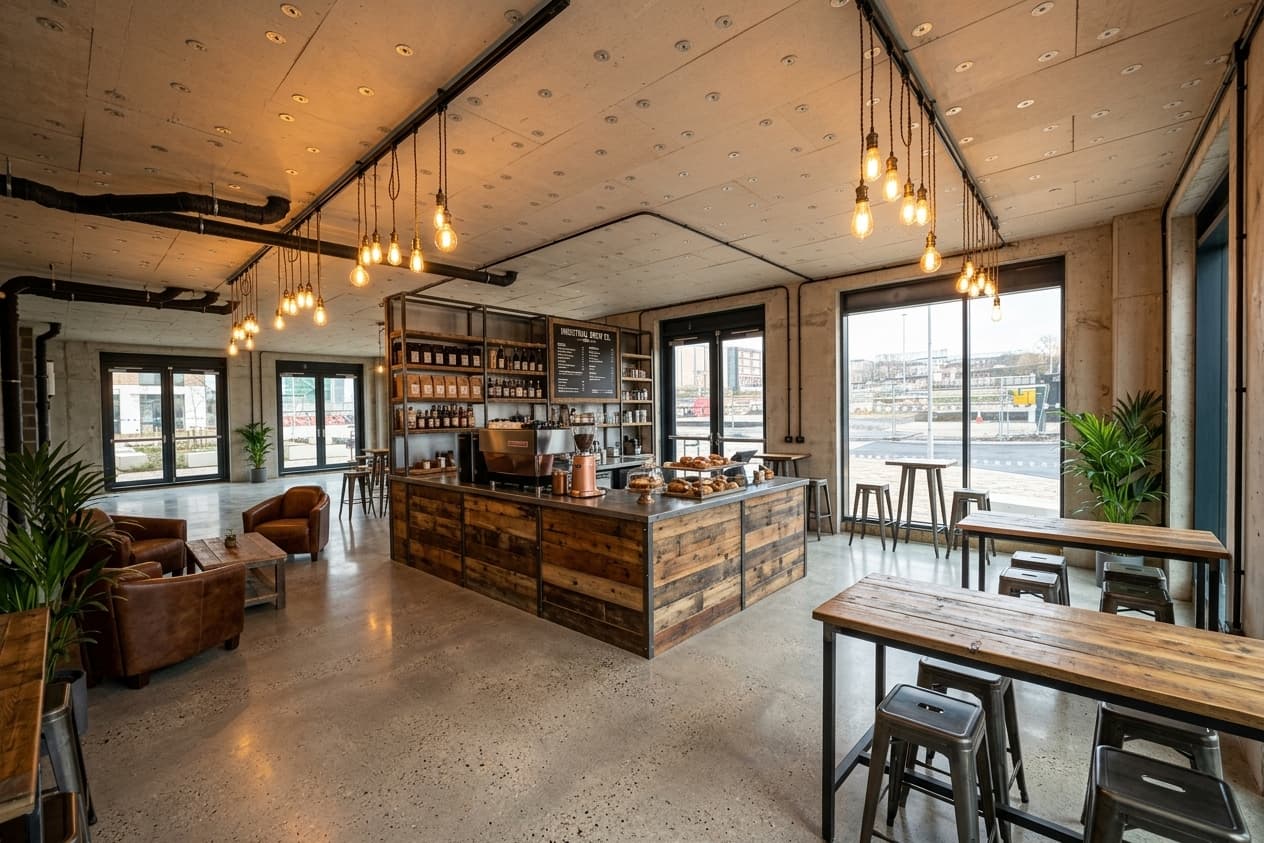 Industrial co-working café reframe — after